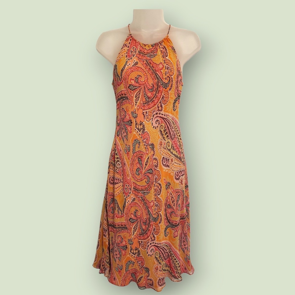 VTG Ann Taylor 100% Silk Paisley Halter Midi Dress Orange Pink Y2K Boho Fairy 2